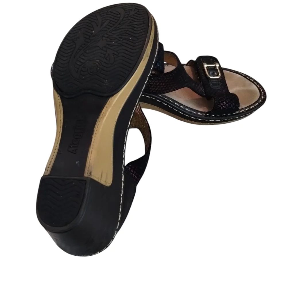 Algeria Women’s Lara T-Strap Wedge Sandals Black & Gold Metallic Size 37